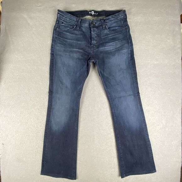 7 For All Mankind Jeans Mens 34x30 Blue Button Fly Denim Nate Bootcut Distressed - Picture 1 of 9